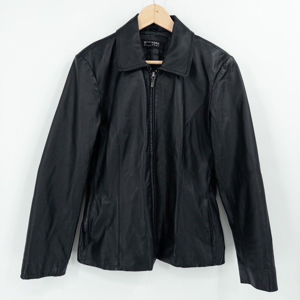 New York Company Black Leather Jacket Womens Medium Zip‎ Front Collared Moto
